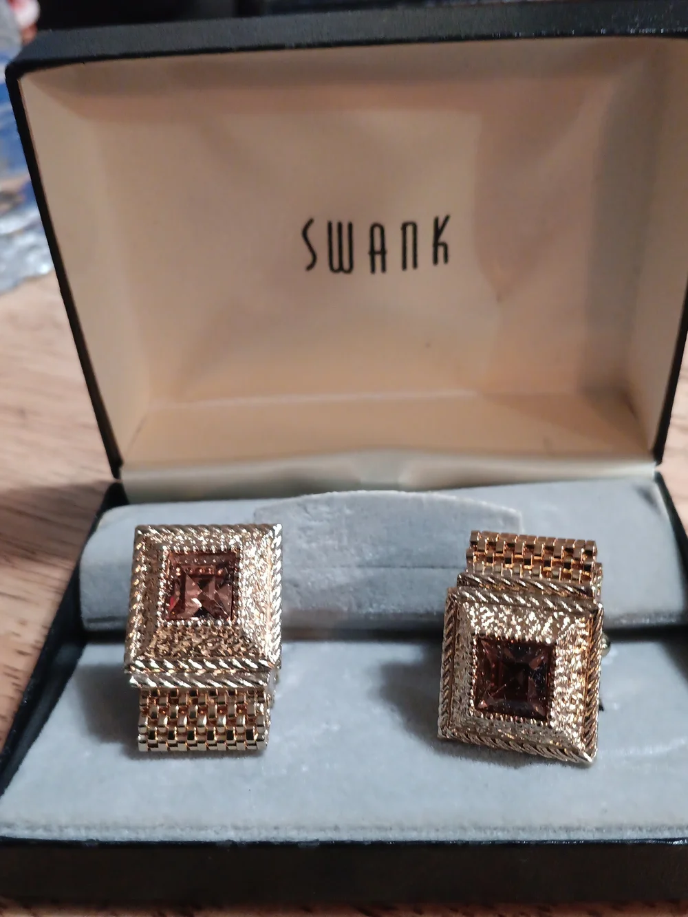 Swank Gold Tone Brown Stone Cufflinks In Original Box